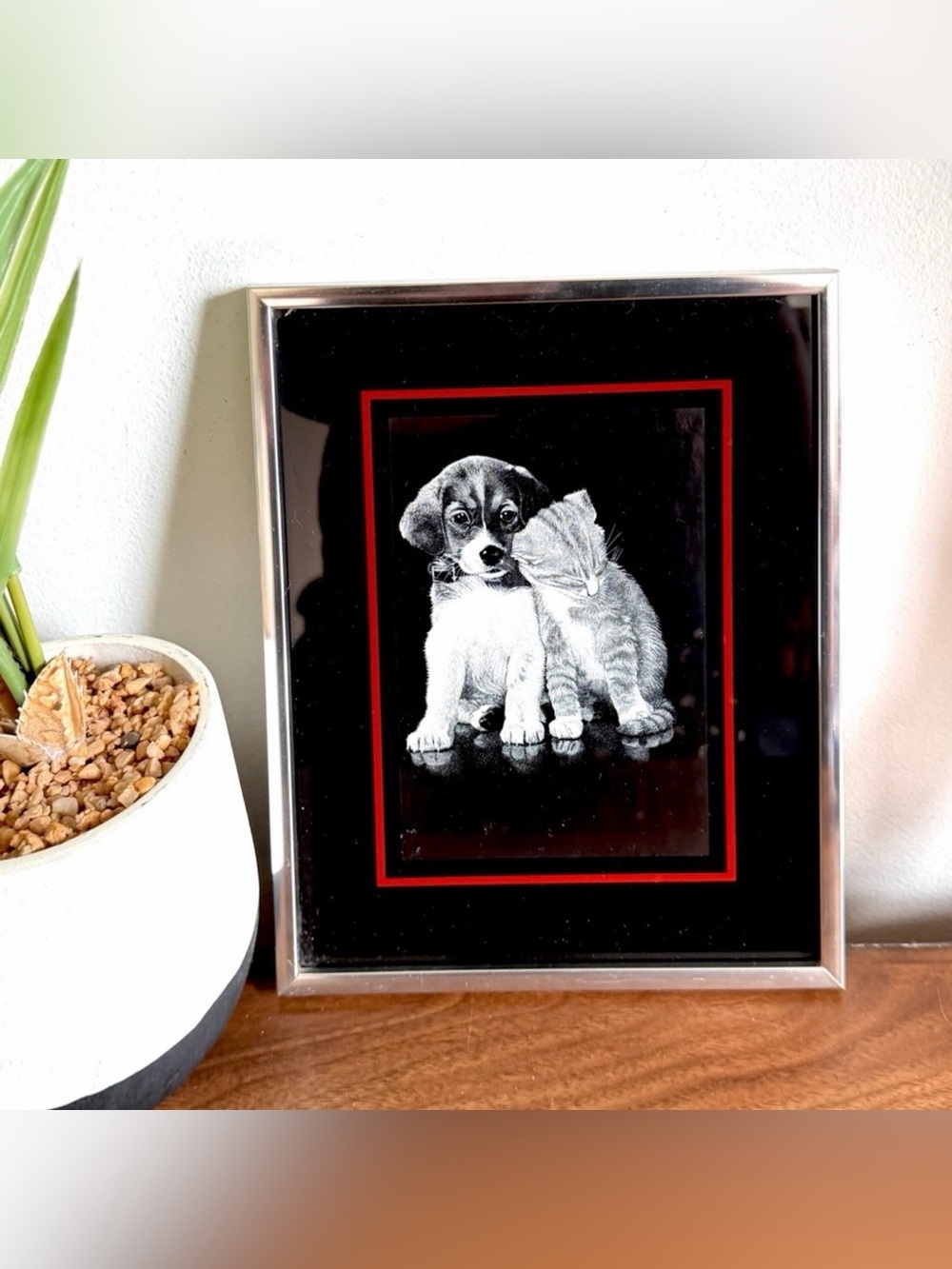 Vintage Puppy & Kitty Black Red Silver Framed Art Dog Cat Fiji Giftware 8x10”
